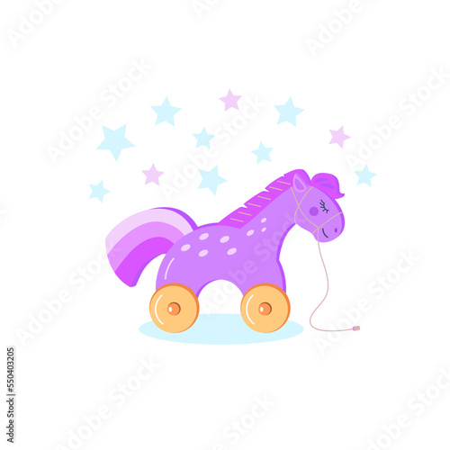 Cute wooden sleeping purple horse on wheels on white isolated background. Vector illustration of toy pony with stars in cartoon style.