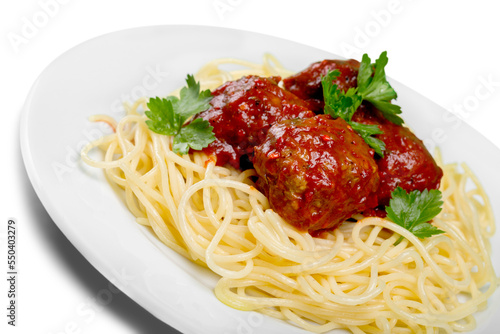 Spaghetti pasta with Meatballs, cose-up view