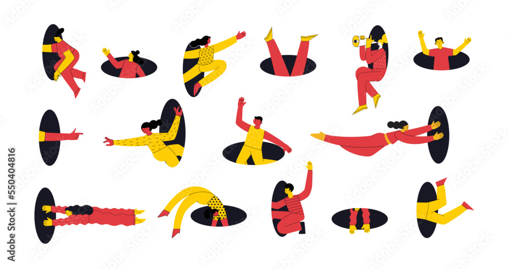 Search, explore concept. Different people coming, flying, jumping, looking through and out of holes. Happy enthusiastic funny men and women. Graphic vector illustration