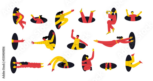 Search, explore concept. Different people coming, flying, jumping, looking through and out of holes. Happy enthusiastic funny men and women. Graphic vector illustration