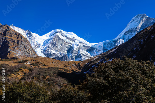 Beautiful Snowy Mountains Trekking in Mt. Api Base Camp in Himalayas, Darchula, Nepal photo