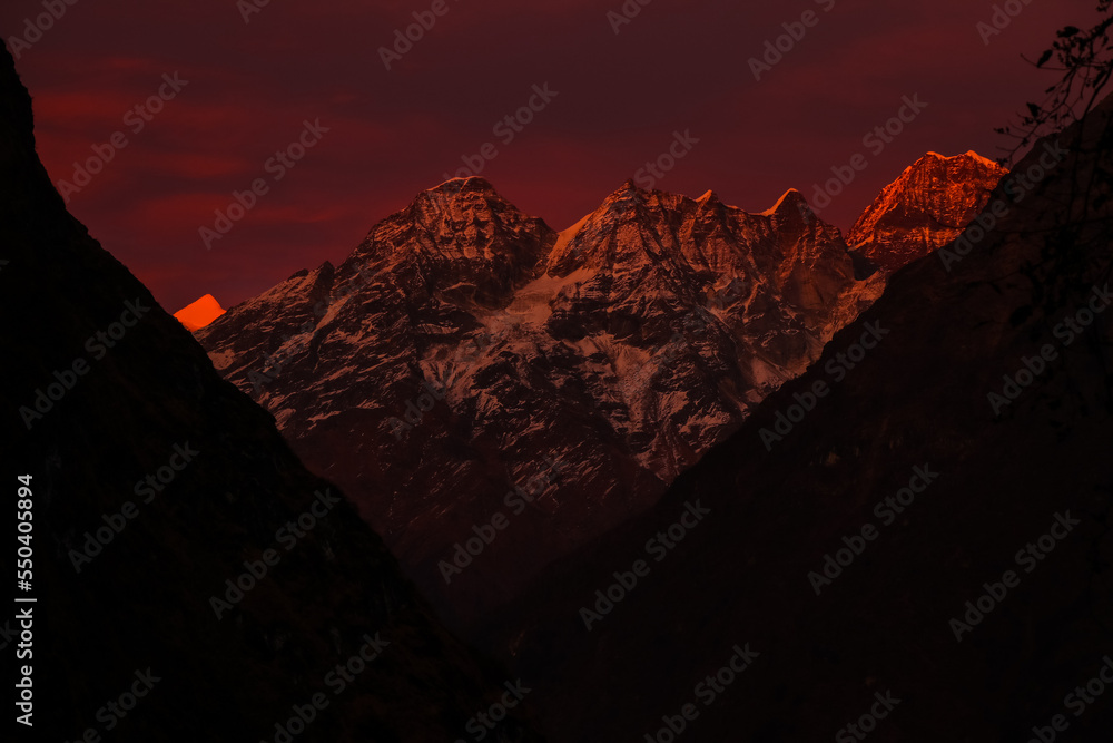 Sunrise Sunset in the mountains of Himalayas Nepal Api Base Camp Trek, Darchula, Nepal