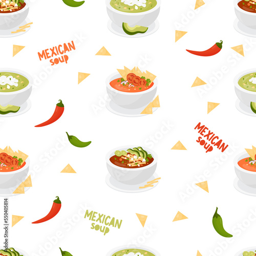 Mexican soups. Seamless pattern with traditional Tomato Soup with tortilla chips and green soup with avocado on white background with chili. Vector endless background with latin american food.