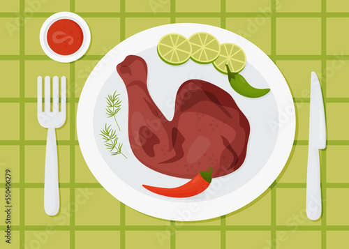 Mexican food Grilled Achiote Chicken. Yucatan style marinated chicken leg with achiote on plate with chili peppers and lime. View from above. Vector illustration of Latin American national dish.