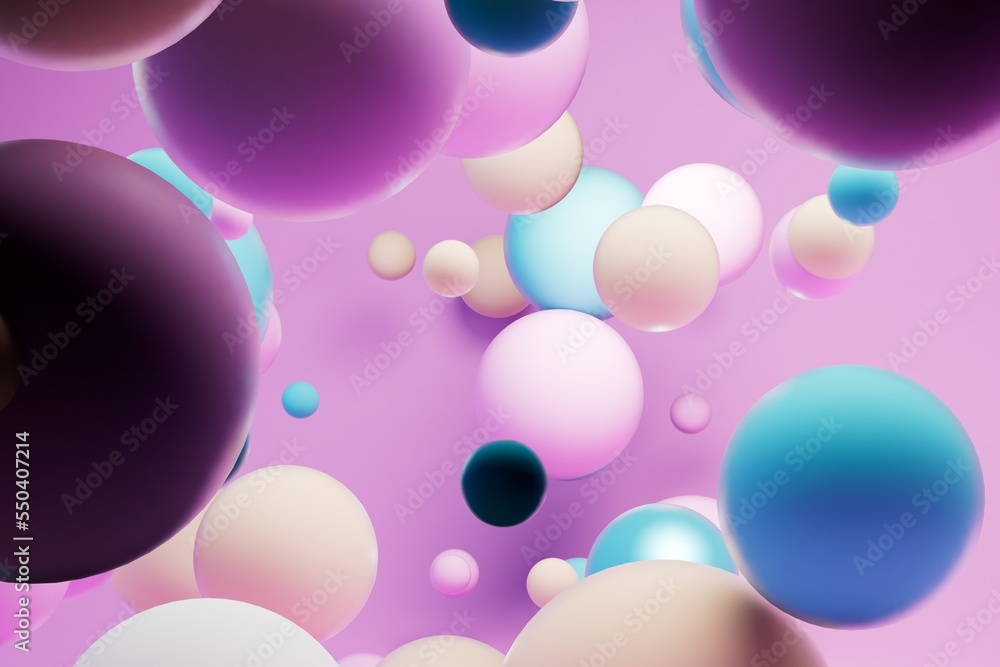 abstract background consisting of multi-colored spheres of different sizes flying over a pastel background. 3D render