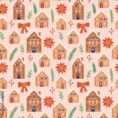Gingerbread houses christmas pattern. Cute vector illustration in flat cartoon style