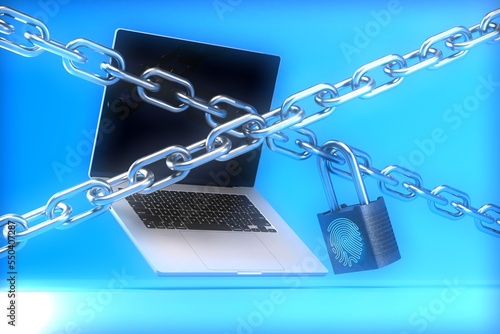 closed access to information. laptop and steel chains with padlock on which the handglass of the finger. 3D render photo