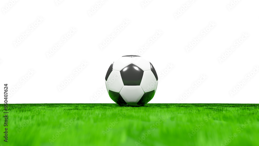 Obraz premium Soccer ball or Football at the center of a Green Grass Field. Close up. Space for content. 3D render.