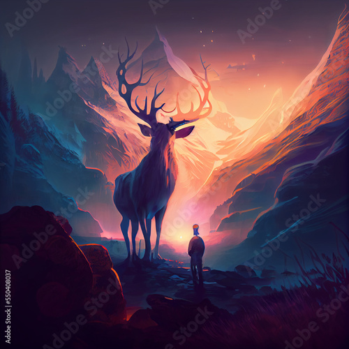 Fotografiet The man with a magic lantern facing the giant deer in a mysterious valley, digit