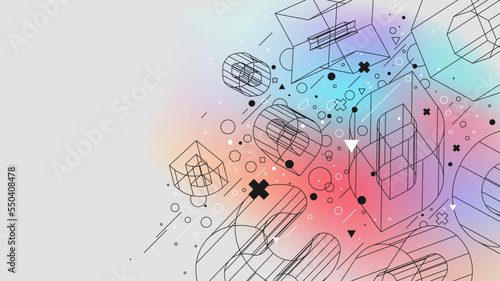Structures of physical figures different shapes, Vector modern design inspired by brutalism posters with strange wireframes of geometric shapes