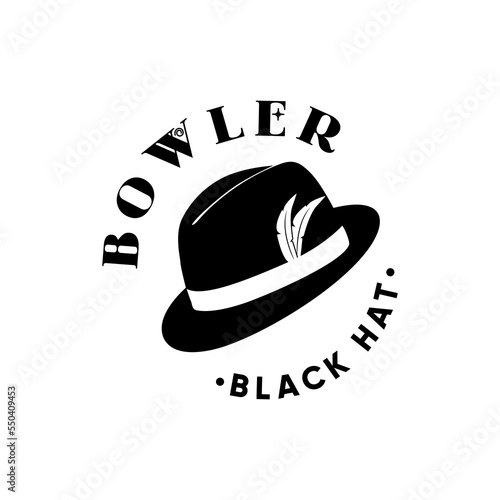 Black Bowler Hat with feather logo design Vintage Retro Style