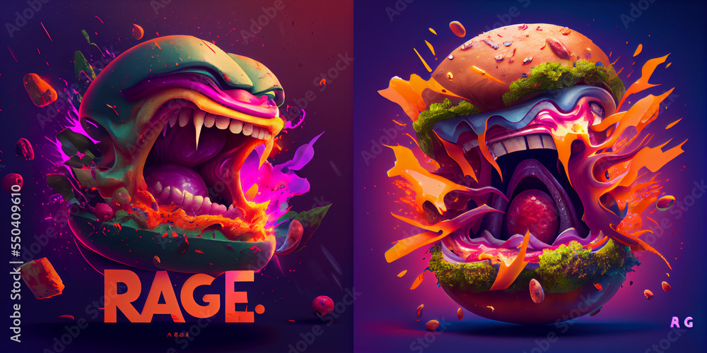 Rge illustration, abstract explosion, colorful character, food and colors, collection