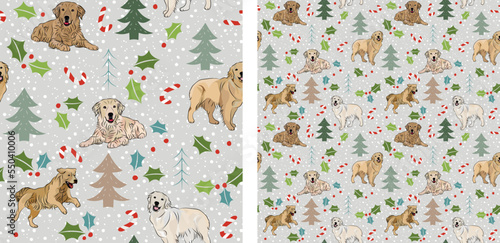 Seamless dog pattern, winter Happy Christmas texture. Square format, t-shirt, poster, packaging, textile, socks, textile, fabric, decoration, wrapping paper. Trendy hand-drawn  Golden retriever breed.