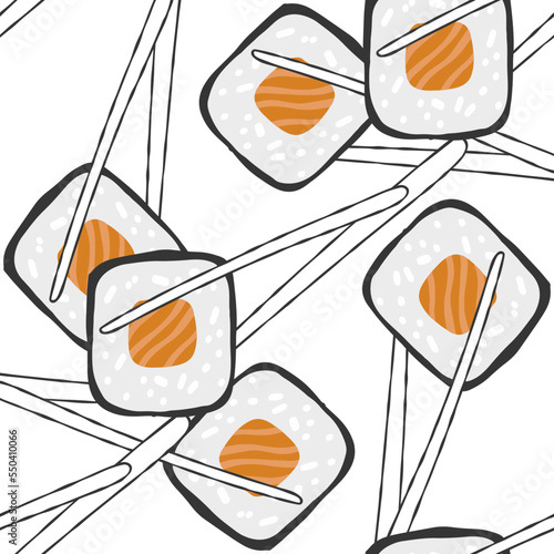 Seamless pattern with Sushi roll maki illustration on white background