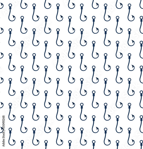 Blue ink fishing hooks isolated on white background. Cute monochrome seamless pattern. Vector flat graphic hand drawn illustration. Texture. Icon.