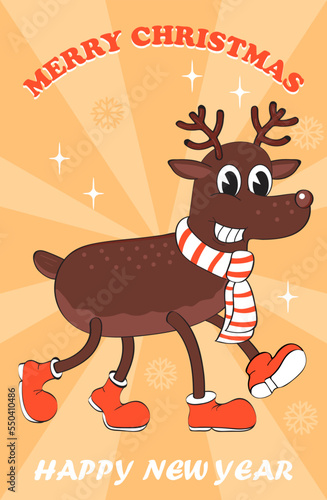Retro deer, mascot reindeer in retro. Merry Christmas and Happy New year, holly jolly concept vector.