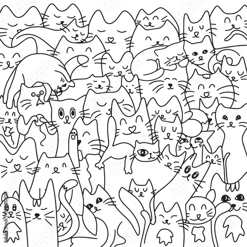 Lots of cute cats. Background from cats. Coloring. Vector illustration. Cute and funny cats doodle vector set. Cartoon cat or kitten characters design collection with flat color in different poses.
