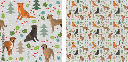 Seamless dog pattern, winter Happy Christmas texture. Square format, t-shirt, poster, packaging, textile, socks, textile, fabric, decoration, wrapping paper. Trendy hand-drawn  Mutt dog breed.