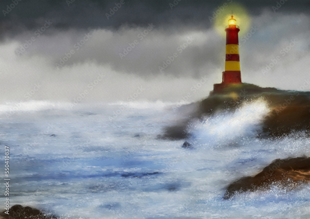 Old lighthouse on the shore of the sea, paintings landscape, lighthouse on the coast of state