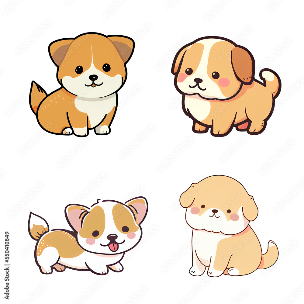 Cute dogs isolated on white background, set of cartoon digital illustrations Cute dogs isolated on white background, set of cartoon digital illustrations