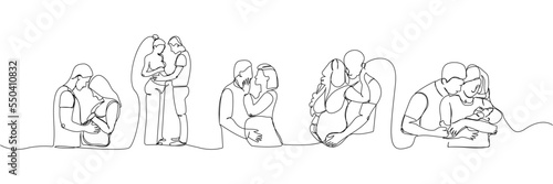 Pregnant women with husbands, family, children, baby set one line art. Continuous line drawing of pregnancy, motherhood, preparation for childbirth, expectation of a child.