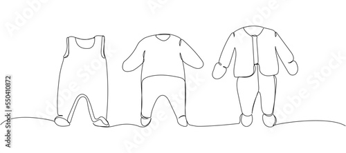 Set of baby rompers, children s clothing, overalls one line art. Continuous line drawing of clothes, dress, children s, wardrobe, dress up, neat, comfortable, home, baby.