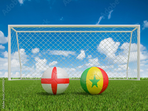 Footballs in flags colors on soccer field . England with Senegal. 3d rendering