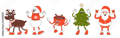 Santa, mascot deer, snowman in retro set. Merry Christmas hot tee, coffe cup and Happy New year tree, holly jolly collection vector.