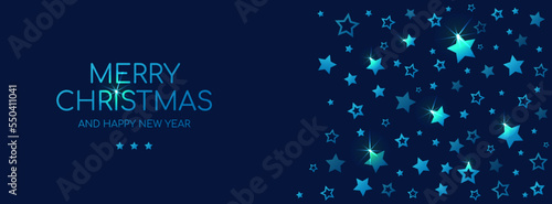 Merry Christmas and Happy New Year long banner for Facebook cover template. Vector dark greeting card with blue shining stars