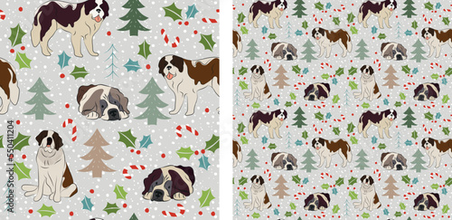 Seamless dog pattern, winter Happy Christmas texture. Square format, t-shirt, poster, packaging, textile, socks, textile, fabric, decoration, wrapping paper. Trendy hand-drawn  St Bernard dog breed.