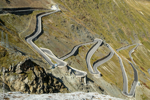 The detail of the hairpins of the challenging road towards the famous Stelvio Pass in the italian Alps, close to Switzerland.  photo