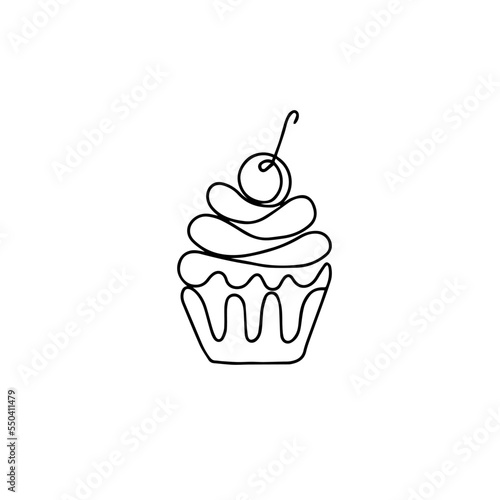 Single continuous line drawing of cupcake with cherry fruit topping art. Sweet pastry concept. Modern one line draw design vector graphic illustration for cake shop logo
