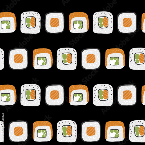 Seamless pattern with Sushi roll set illustration on black background