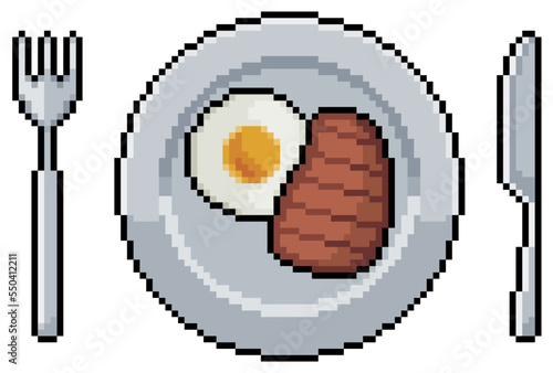 Pixel art plate with steak, fried egg and cutlery vector icon for 8bit game on white background