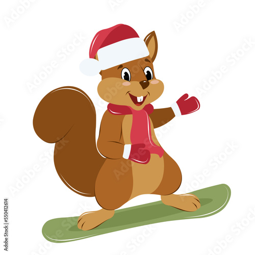 cute squirrel in a New Year's hat, scarf and mittens snowboarding, winter entertainment