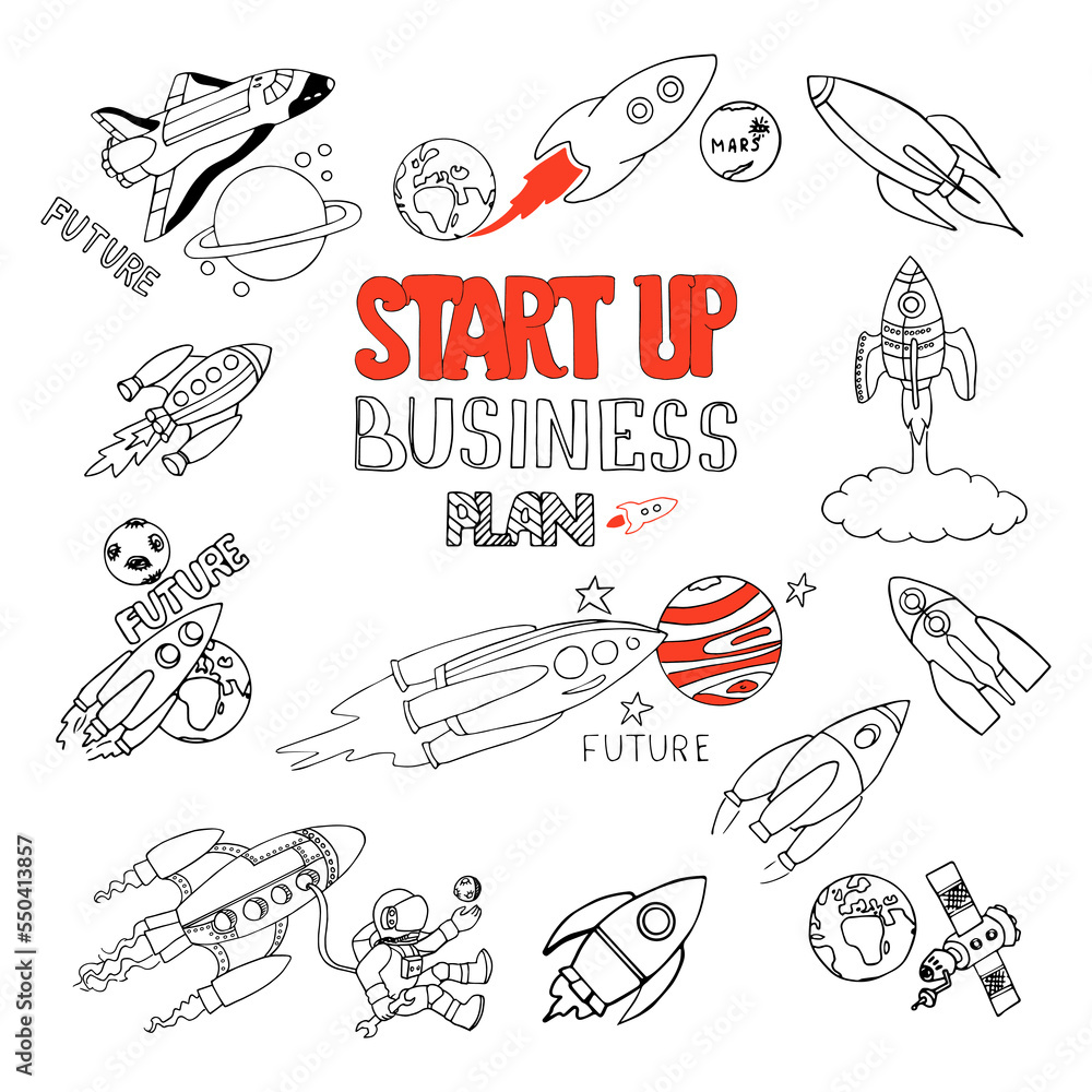 Business set start up theme include lots of icons off rocket taking off. Vector hand drawn doodle sketch illustration isolated on white background. Business set start up theme include lots of icons off rocket taking off. Vector hand drawn doodle sketch illustration isolated on white background.