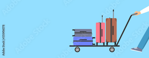 A man carring a trolley cart with suitcases on a blue background with copy space. Flat vector illustration