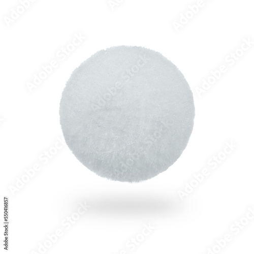 Decoration is a toy for a Christmas or New Year tree in the form of a fluffy white snowball. Isolated object on a white background.