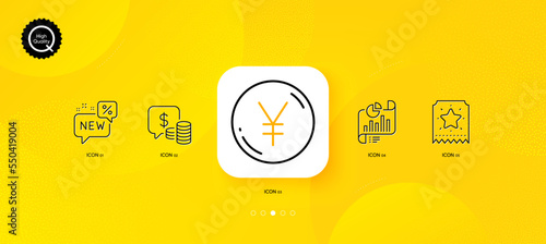 Report document, Yen money and Loyalty ticket minimal line icons. Yellow abstract background. New, Coins icons. For web, application, printing. Growth chart, Currency, Bonus star. Discount. Vector