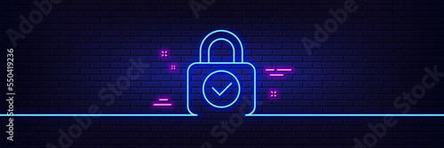 Neon light glow effect. Security lock line icon. Cyber defence sign. Private protection symbol. 3d line neon glow icon. Brick wall banner. Security lock outline. Vector