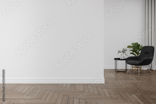 Fototapeta Naklejka Na Ścianę i Meble -  Empty white wall with armchair and coffee table on wooden floor. 3d rendering of interior living room.