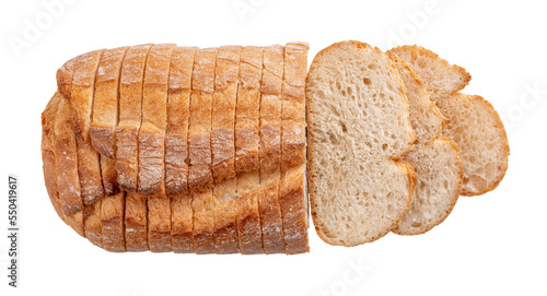 Sliced white wheat bread cutout. Wholegrain bread loaf and slices isolated on a white background. Bread baking and slicing concept. Carbohydrates and calories. © Maryia