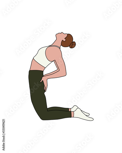 Brown haired girl doing yoga pilates gymnastics sport in white t-shirt and green leggings in line style on white background	