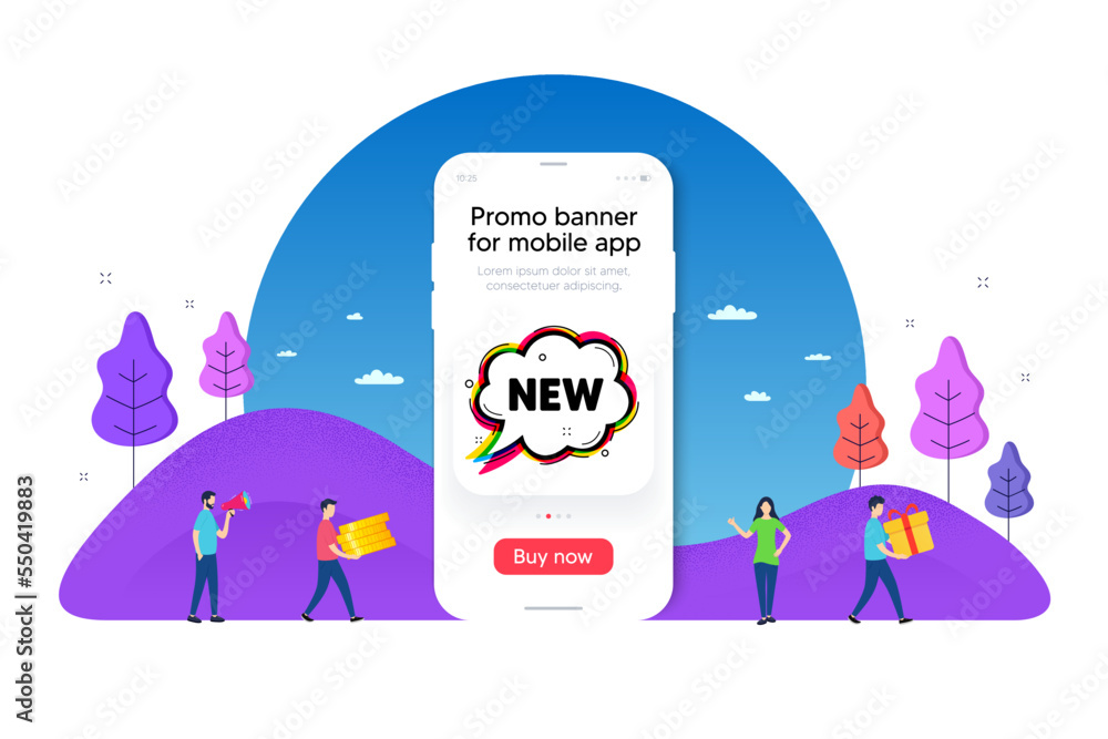 Fototapeta premium New comic cartoon bubble banner. Phone ui interface banner. Arrival sticker shape. Offer label icon. Mobile smartphone promo banner. New bubble tag. Man with gift box. Vector