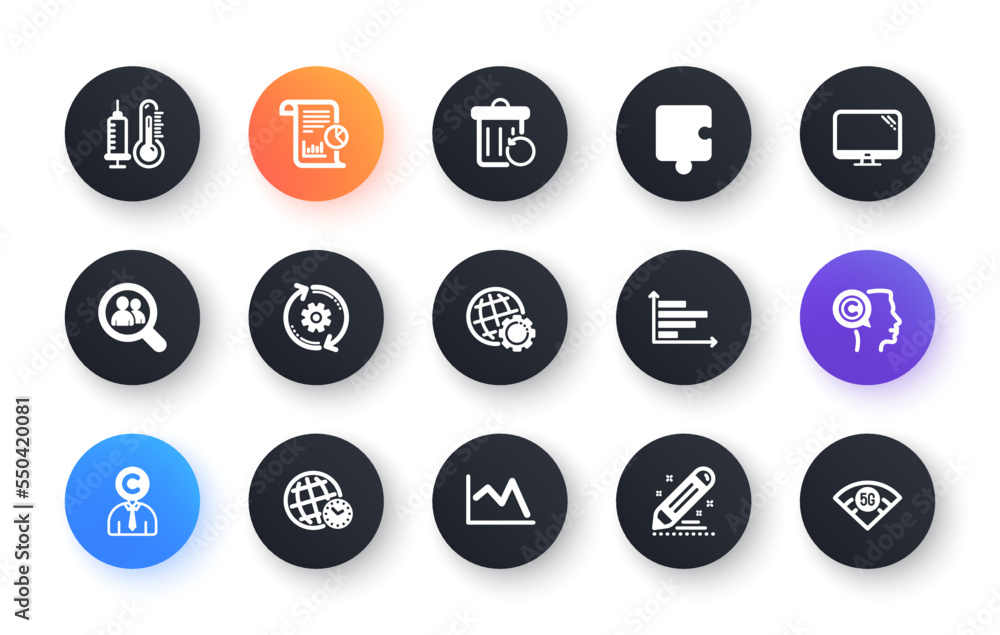 Minimal set of Horizontal chart, Search employees and Cogwheel flat icons for web development. Time zone, Brand contract, Recovery trash icons. Copyrighter, Writer, Puzzle web elements. Vector Minimal set of Horizontal chart, Search employees and Cogwheel flat icons for web development. Time zone, Brand contract, Recovery trash icons. Copyrighter, Writer, Puzzle web elements. Vector