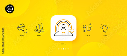 Light bulb, Lgbt and Graph chart minimal line icons. Yellow abstract background. Teamwork chart, Business idea icons. For web, application, printing. Lamp energy, Work review, Get report. Vector