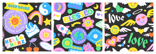 Colorful funny happy face label seamless pattern set. Collection of trendy retro sticker cartoon backgrounds. Y2K comic character art, quote sign wallpaper bundle.