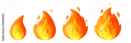 3d fire flame icons set with burning red hot sparks isolated on white background. Render sprite of fire emoji, energy and power concept. 3d cartoon simple vector illustration. © janevasileva