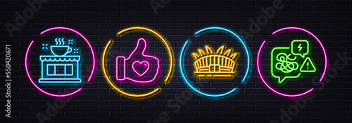 Arena stadium, Coffee shop and Like hand minimal line icons. Neon laser 3d lights. Stress icons. For web, application, printing. Sport complex, Tea house, Thumbs up. Messy anxiety. Vector