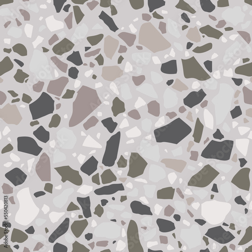 Terrazzo flooring seamless pattern. Pastel gray brown colors. Stone mosaic made in colored polished pebble. Vector wallpaper